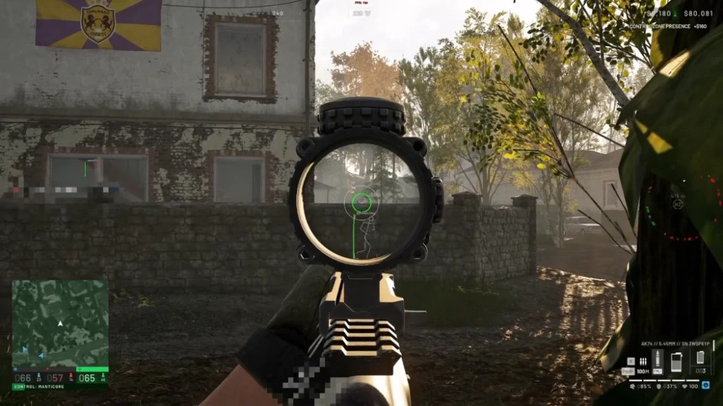 Wardogs cheats skeleton ESP on an enemy behind cover while aiming down sights with a green FOV reticle