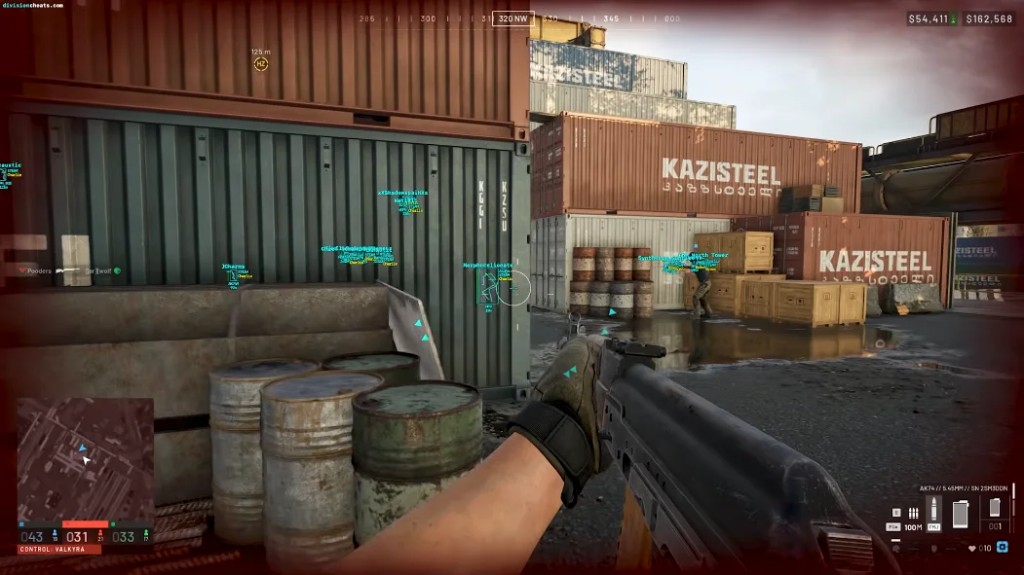 Wardogs Cheats Misc Options Wardogs cheats player ESP with name tags, distance, and bounding boxes through shipping containers